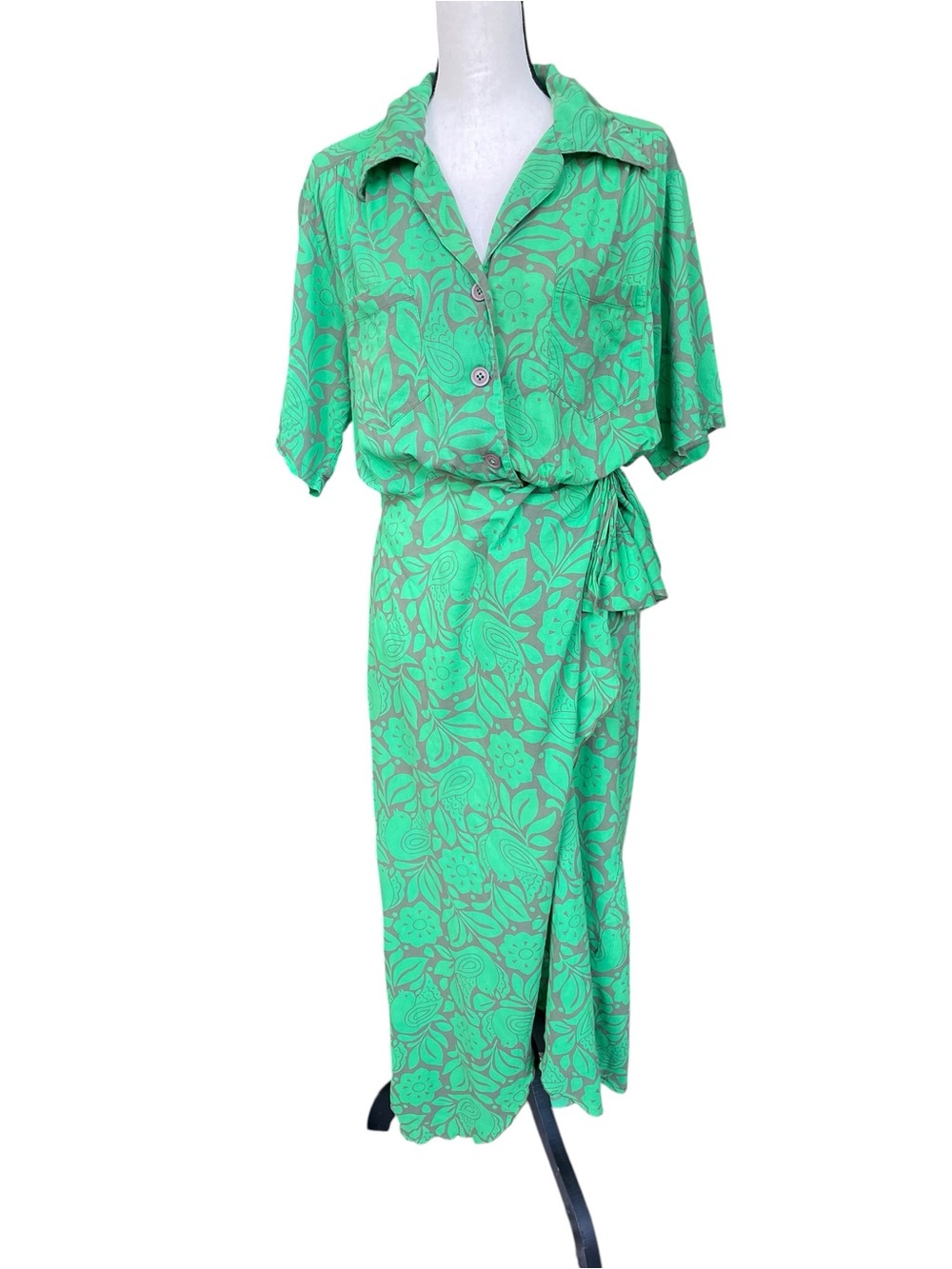 Anna Sui Bird of Paradise Green and Olive Floral Print Dress